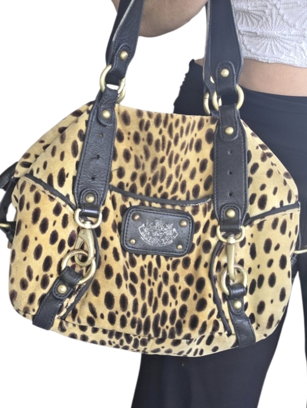 Juicy Couture Leopard Velour Shoulder Bag Y2K Black Trim and Gold Hardware - Picture 2 of 16